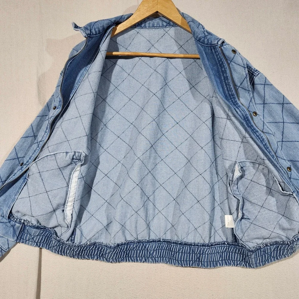 Sidefeel Womens Light Wash Quilted Diamond Denim Bomber Jacket Blue Size L Fall
